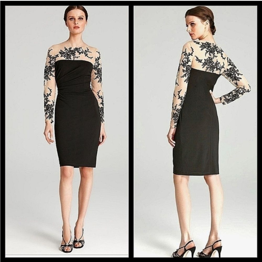 David Meister Black Embroidered Lace Illusion Cocktail Dress